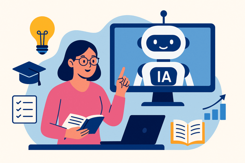 Ilustração de professora usando inteligência artificial na sala de aula, com robô, gráficos e livros.