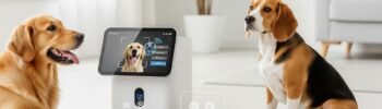 Comedouro inteligente com reconhecimento individual alimentando um Golden Retriever e um Beagle, garantindo nutrição personalizada e controle de peso para cães em lares com múltiplos pets.