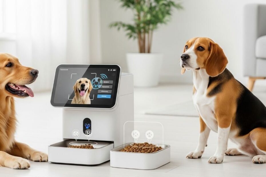 Comedouro inteligente com reconhecimento individual alimentando um Golden Retriever e um Beagle, garantindo nutrição personalizada e controle de peso para cães em lares com múltiplos pets.