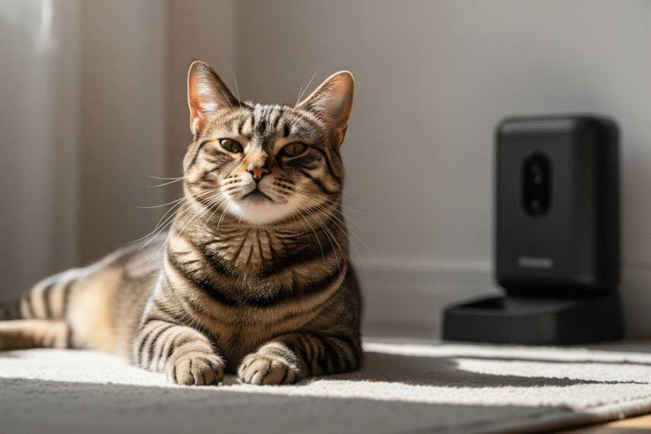Gato malhado deitado relaxado em um tapete claro, com um comedouro automático preto ao fundo, ilustrando o uso da tecnologia para o bem-estar e redução da ansiedade em gatos que passam tempo sozinhos em casa.