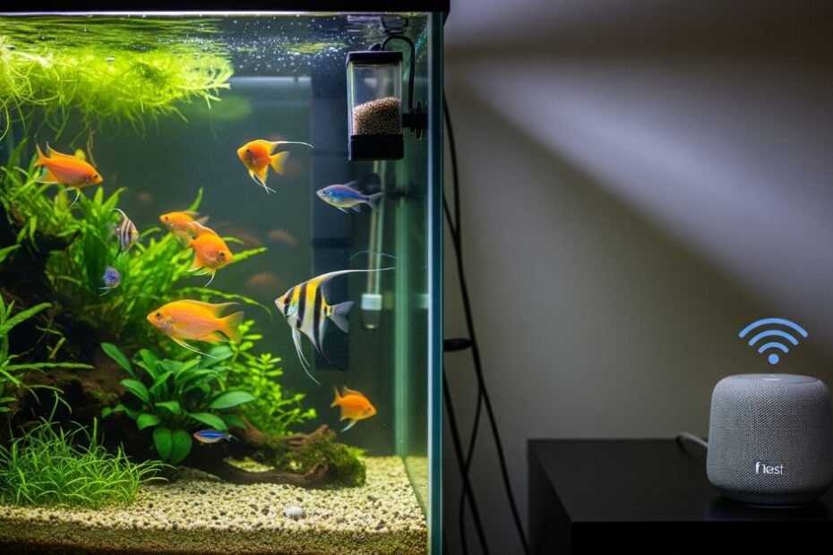 Alimentador automático de aquário controlado por smart speaker Google Nest, mostrando peixes tropicais coloridos