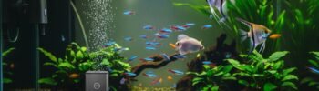 Alimentador automático dispensando ração em aquário moderno com peixes tropicais coloridos