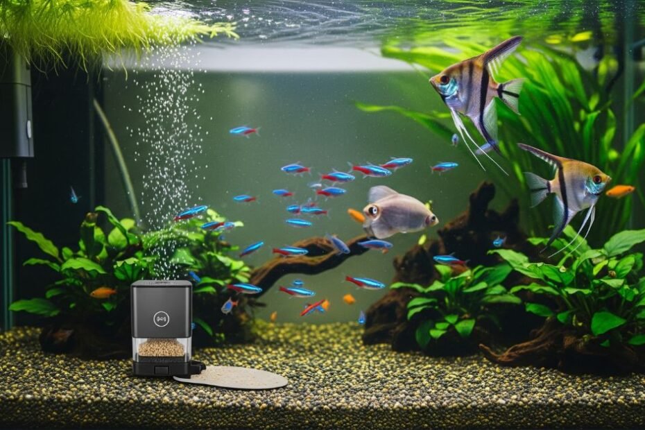 Alimentador automático dispensando ração em aquário moderno com peixes tropicais coloridos