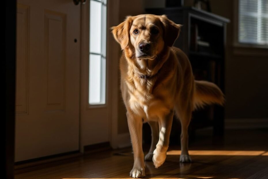 Cachorro Golden Retriever com sinais de ansiedade de separação, olhando para a porta, em casa, com luz solar, simbolizando a necessidade de soluções tecnológicas para ansiedade em cachorros.