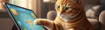 Gato ruivo feliz brincando com um jogo de enriquecimento ambiental em um tablet.