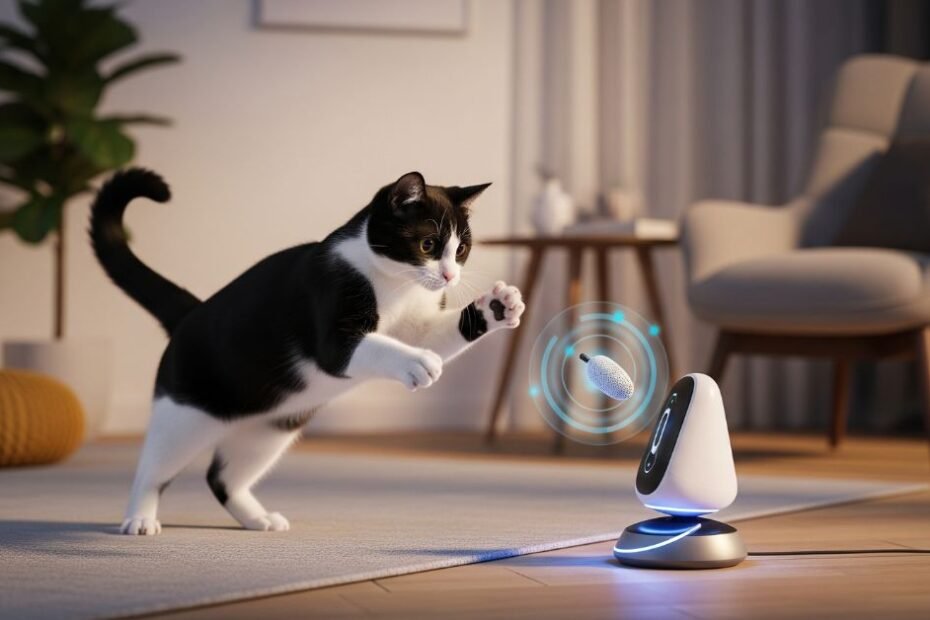 Gato preto e branco pulando para brincar com um brinquedo interativo de IA em ambiente doméstico moderno.