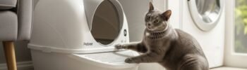 Gato cinza interagindo com uma caixa de areia autolimpante Petree branca em um ambiente doméstico moderno e limpo, otimizada para higiene felina e monitoramento da saúde do pet.