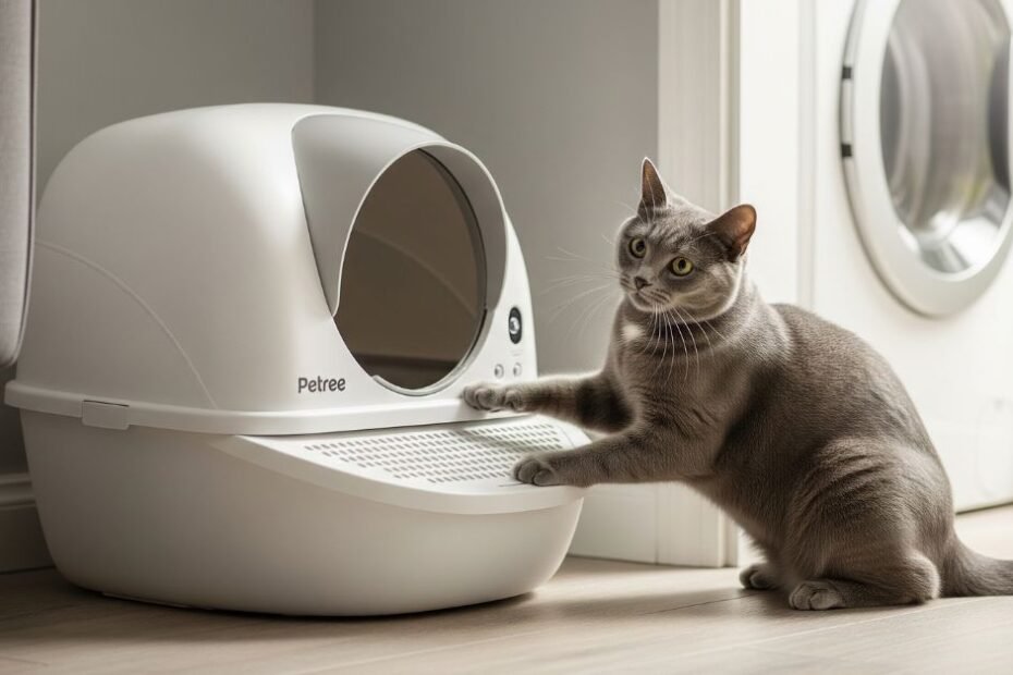 Gato cinza interagindo com uma caixa de areia autolimpante Petree branca em um ambiente doméstico moderno e limpo, otimizada para higiene felina e monitoramento da saúde do pet.