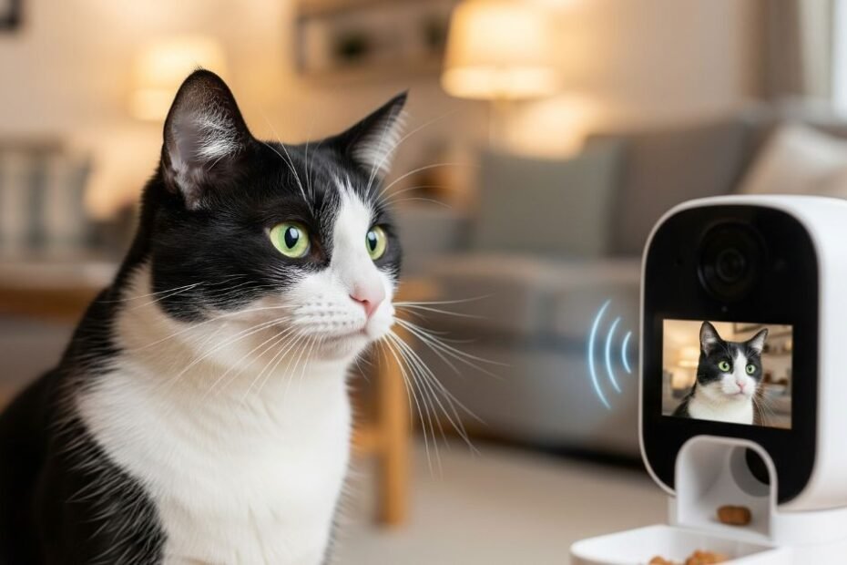 Gato preto e branco feliz interagindo com uma câmera de monitoramento com dispensador de petiscos, mostrando a conexão e recompensa remota.