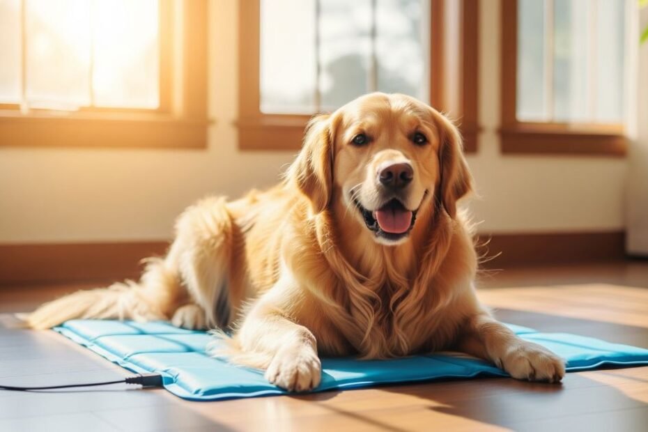 Golden Retriever feliz e relaxado deitado em um tapete de resfriamento inteligente azul, desfrutando de alívio térmico em um ambiente doméstico ensolarado.