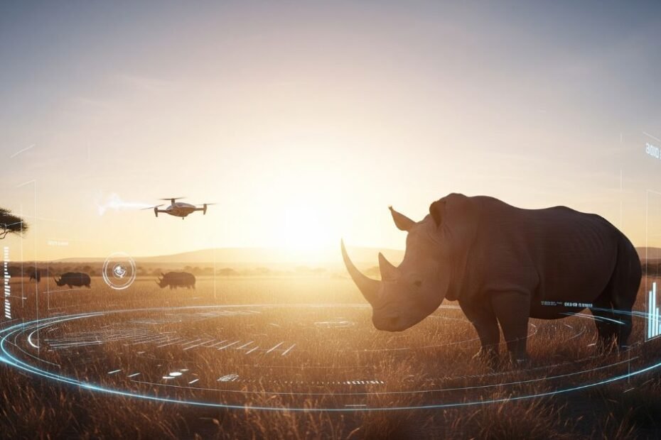 Imagem inspiradora de tecnologia de ponta (drone e interface digital) protegendo rinocerontes ameaçados na natureza.