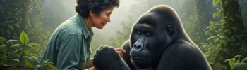 Dian Fossey interagindo gentilmente com um gorila da montanha em seu habitat natural, transmitindo conexão e conservação.