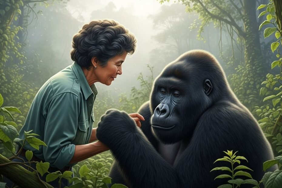 Dian Fossey interagindo gentilmente com um gorila da montanha em seu habitat natural, transmitindo conexão e conservação.