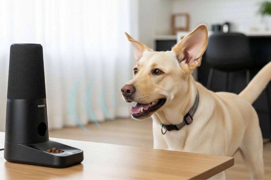 Cão Labrador interage alegremente com um dispensador de petiscos controlado por voz moderno, ilustrando o uso do dispositivo para treinamento positivo e distração remota em ambiente doméstico.