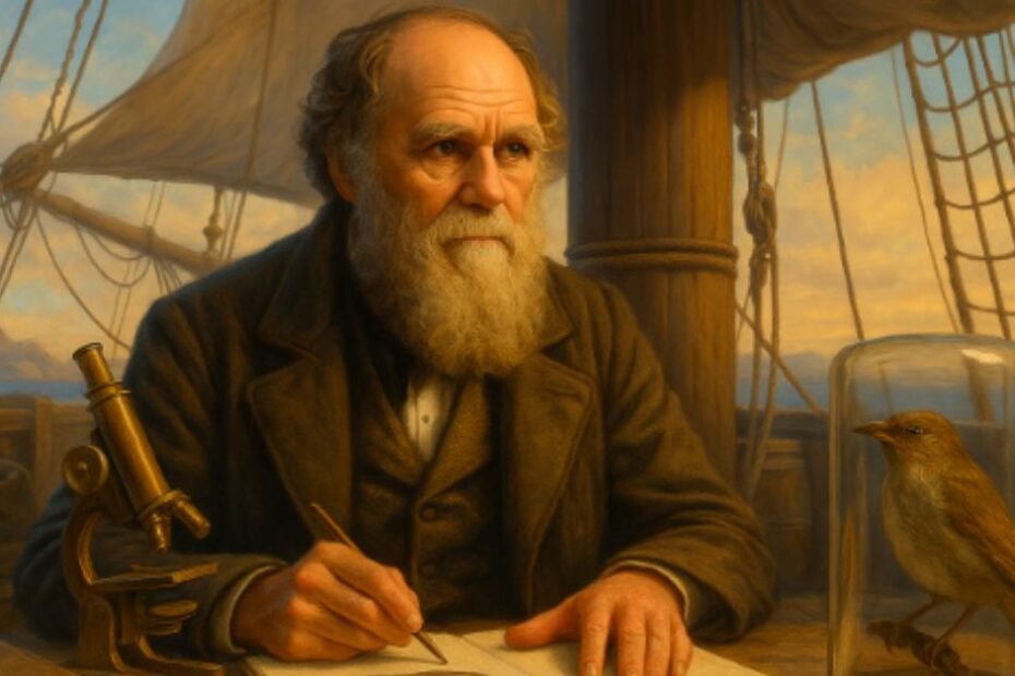 Ilustração realista de Charles Darwin observando a natureza com caderno e lupa, cercado por animais e ferramentas científicas antigas, representando a conexão entre ciência, tecnologia e a teoria da evolução.