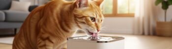 Gato saudável bebendo água fresca de uma fonte de água inteligente moderna, incentivando a hidratação e prevenindo problemas urinários em felinos.