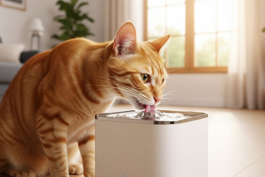 Gato saudável bebendo água fresca de uma fonte de água inteligente moderna, incentivando a hidratação e prevenindo problemas urinários em felinos.