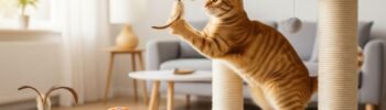 Gato tigrado laranja brincando ativamente em uma árvore arranhador multinível com brinquedos interativos, enquanto outros produtos de enriquecimento ambiental para gatos, como comedouros e dispensadores de petiscos, são visíveis no ambiente doméstico moderno e ensolarado.
