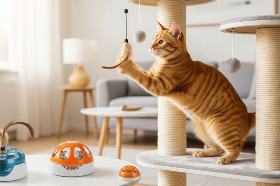 Gato tigrado laranja brincando ativamente em uma árvore arranhador multinível com brinquedos interativos, enquanto outros produtos de enriquecimento ambiental para gatos, como comedouros e dispensadores de petiscos, são visíveis no ambiente doméstico moderno e ensolarado.