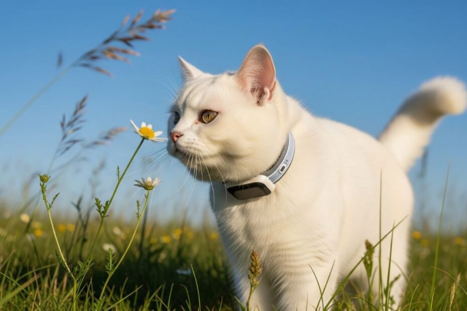 Gato branco persa com coleira GPS discreta cheirando flor em prado, representando a liberdade e segurança do rastreamento para gatos.