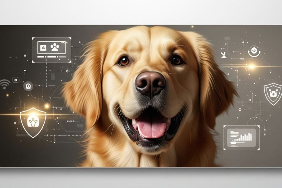 Golden Retriever feliz com ícones de blockchain, representando pedigree e saúde canina seguros.