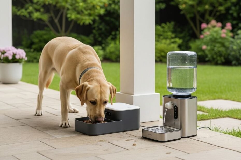 Cachorro golden retriever se alimentando em dispensador de ração automático e bebedor de água inteligente em área externa.
