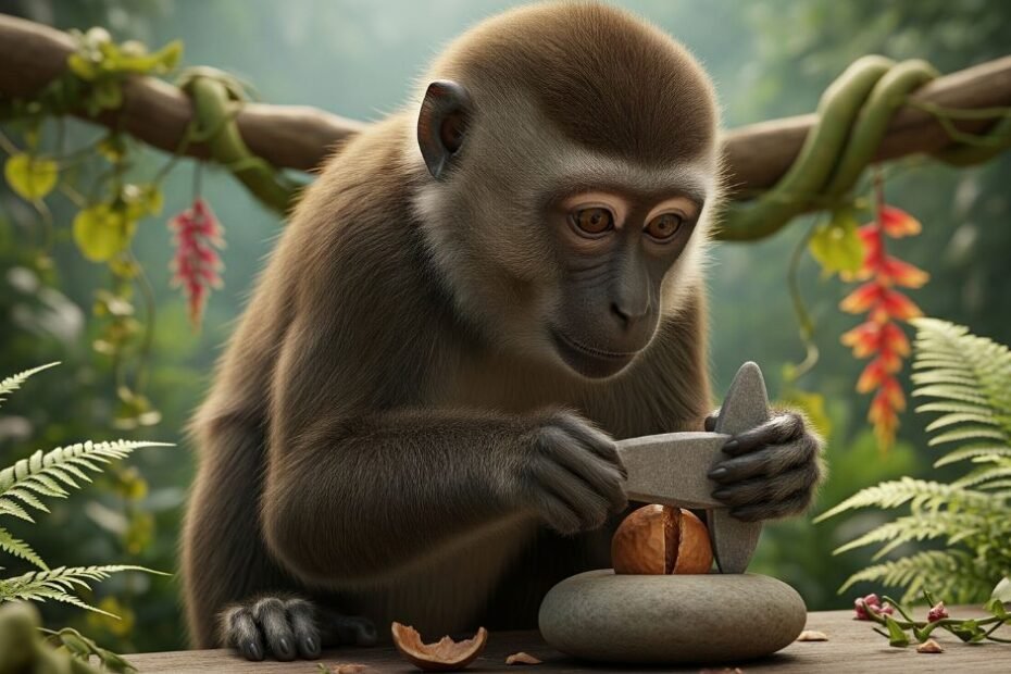Macaco-prego usando uma pedra como ferramenta para quebrar uma noz, demonstrando a inteligência de primatas e o uso de ferramentas na natureza.