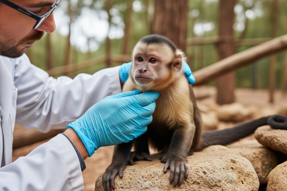 Profissional de conservação interagindo eticamente com macaco em centro de reabilitação, destacando a complexidade dos cuidados e a importância da legalidade para animais silvestres