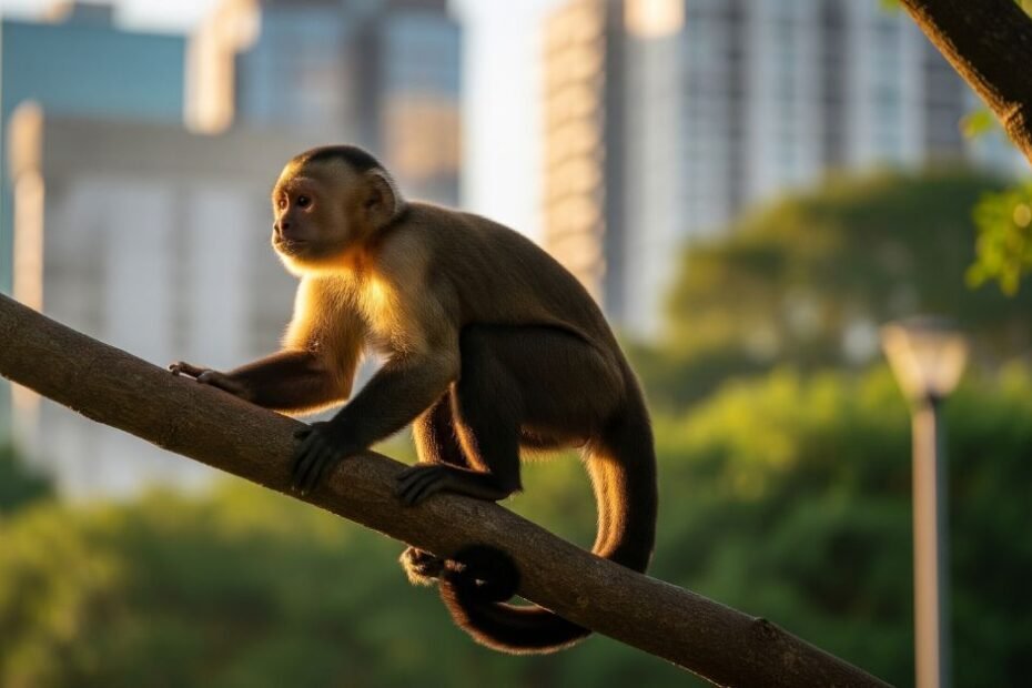 Macaco-prego em árvore com prédios ao fundo, simbolizando a convivência segura com macacos urbanos em áreas urbanas.