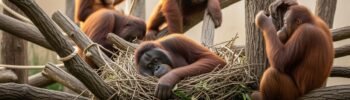 Orangotangos em cativeiro com um dormindo profundamente e outros interagindo calmamente.
