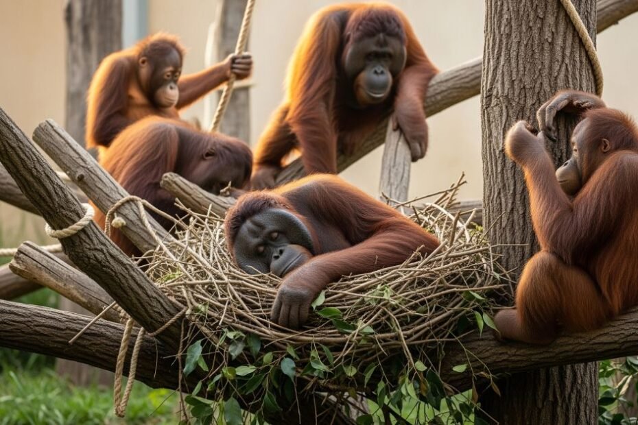Orangotangos em cativeiro com um dormindo profundamente e outros interagindo calmamente.