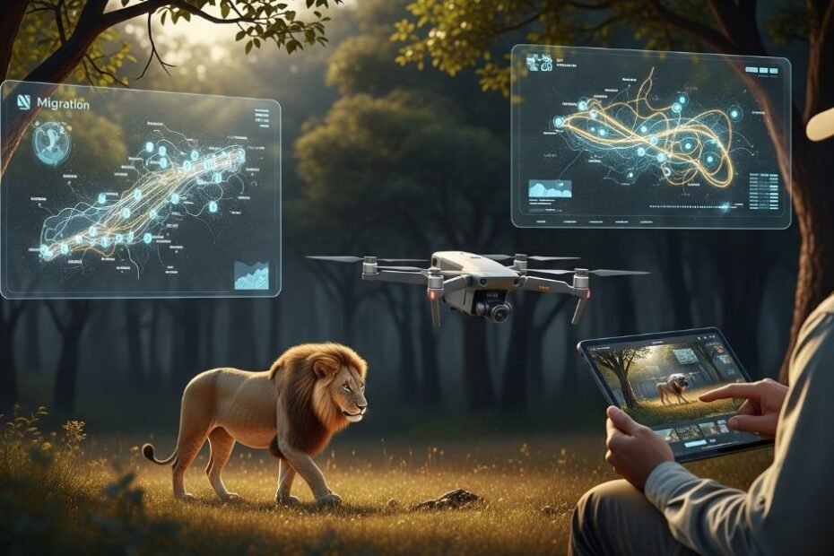 Pesquisador usa drone e tablet para monitorar leão, com dados de habitat e migração em telas digitais, destacando as profissões tech conservação animal carreira inovação.
