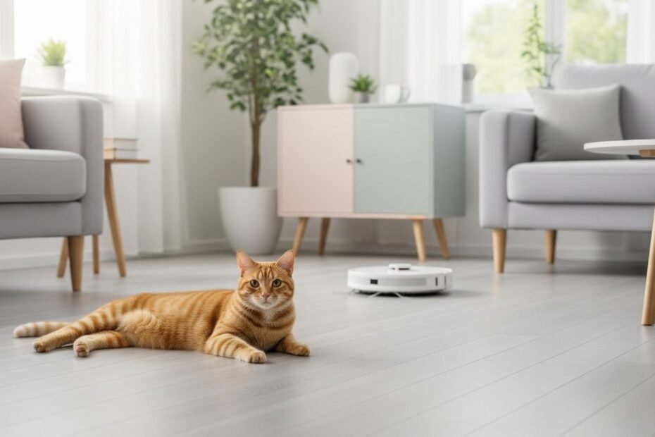 Gato ruivo deitado em chão limpo com robô aspirador branco ao fundo em sala moderna e clara, simbolizando casa sem pelos e alergias.