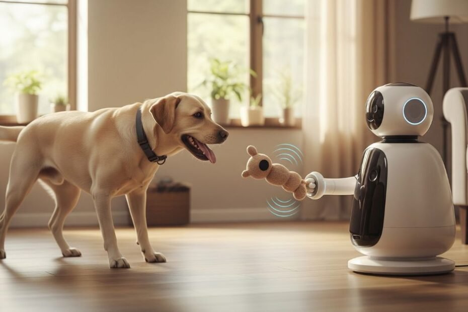 Cachorro Labrador feliz brincando com robô companheiro, que dispensa um brinquedo, em uma sala de estar clara e aconchegante, simbolizando a redução da ansiedade de separação em cães.