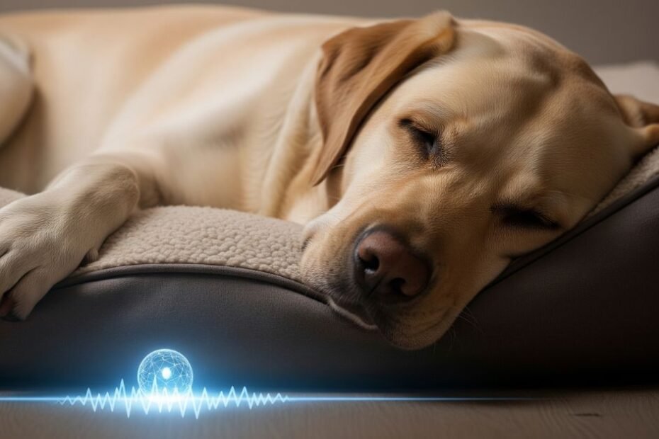 Labrador Retriever amarelo dormindo tranquilamente em uma cama confortável, com um brilho azul sutil de tecnologia próxima que indica monitoramento de sono canino e bem-estar.