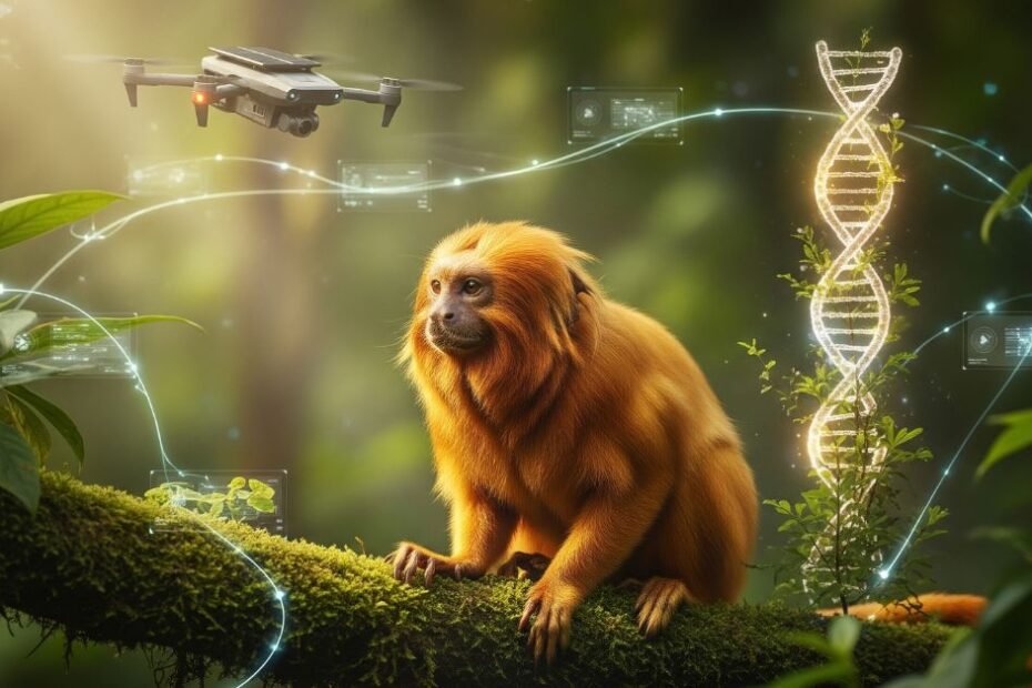 Uma imagem inspiradora e realista de um mico-leão-dourado em uma floresta tropical, com elementos tecnológicos sutis como um drone e linhas de dados representando IA e genética, simbolizando a união entre tecnologia e conservação de primatas.