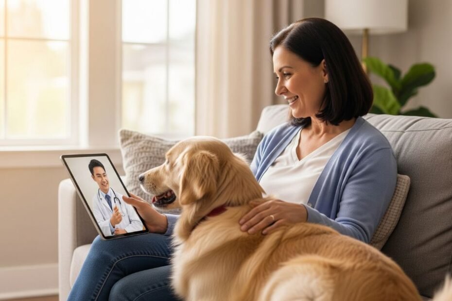 Mulher e seu golden retriever em uma consulta de telemedicina veterinária via tablet