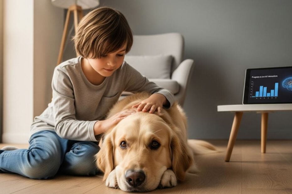 Criança com autismo interagindo calmamente com um cão Golden Retriever de terapia, com um tablet exibindo gráficos de progresso ao fundo, ilustrando a escolha do animal de terapia para autismo com critérios tecnológicos.