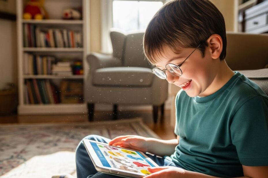 Criança com autismo feliz usando tablet em casa, ilustrando aprendizado com tecnologia acessível para autismo infantil.