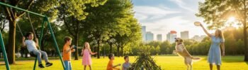 Imagem inspiradora de crianças brincando na grama verde e um cachorro feliz ao fundo, em um parque urbano limpo e saudável.