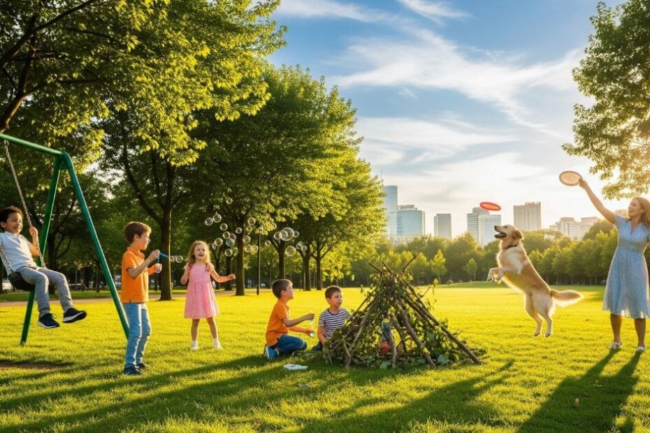 Imagem inspiradora de crianças brincando na grama verde e um cachorro feliz ao fundo, em um parque urbano limpo e saudável.