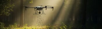 Drone sustentável em ação, plantando sementes em uma floresta nativa com raios de sol, simbolizando a restauração de ecossistemas.