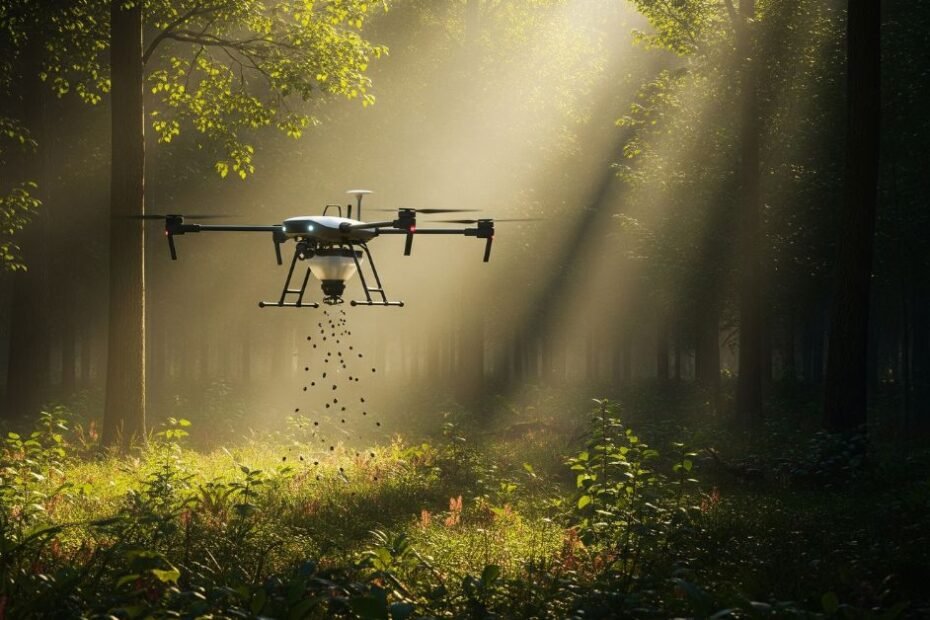 Drone sustentável em ação, plantando sementes em uma floresta nativa com raios de sol, simbolizando a restauração de ecossistemas.