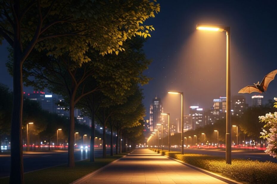 Morcego voando sob luzes inteligentes de LED, ilustrando a proteção da vida selvagem urbana à noite.