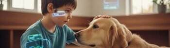 Menino com autismo e cão de terapia. Imagem representa a união de terapia animal e tecnologia no autismo.