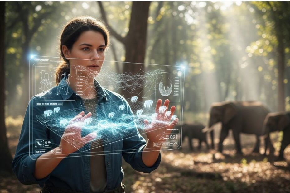A woman using futuristic technology and data to track elephants and protect wildlife.