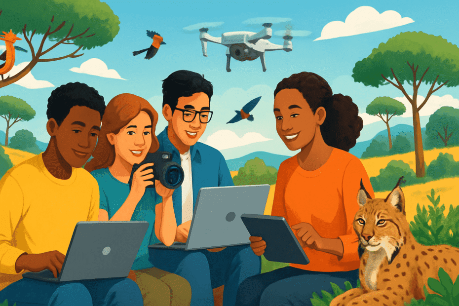 Profesionales trabajando con tecnología digital y drones para la conservación de animales y la protección de la naturaleza en España.
