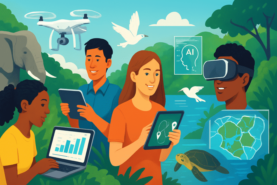 Illustration showing diverse professionals working with technology, drones, and computers to protect wildlife and promote animal conservation in natural environments.