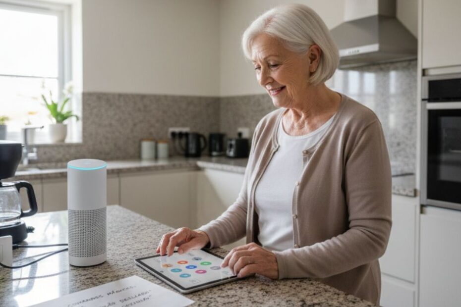 Idosa usando assistente virtual (Alexa) para controlar uma tomada inteligente na cozinha, promovendo segurança e autonomia.