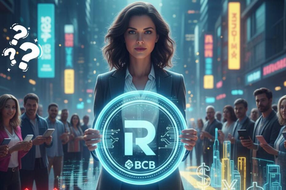 Mulher de negócios segura o símbolo digital do Drex em uma rua futurista, com peças de quebra-cabeça se desfazendo à esquerda (simbolizando o fim da blockchain) e se formando à direita (representando a nova estratégia do Real Digital e a inovação financeira do Banco Central).